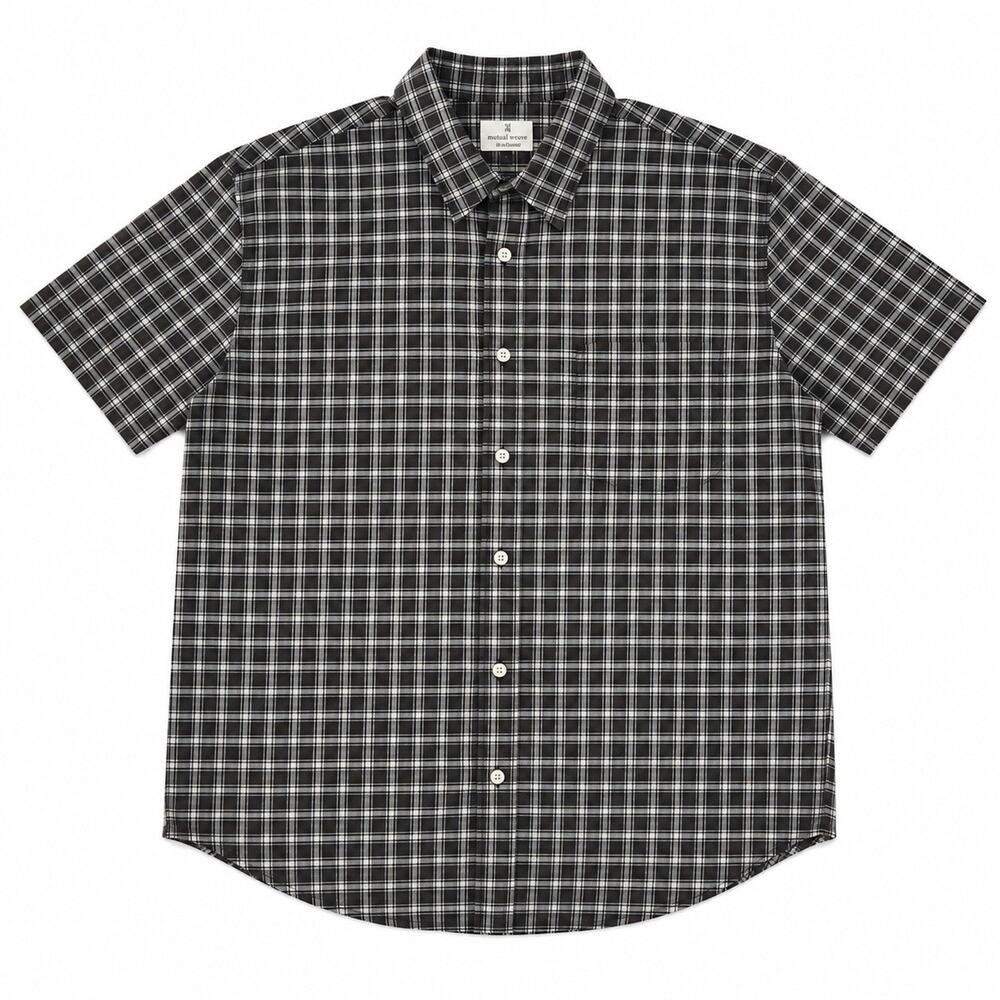 Mutual Weave Men's XL Gray White Plaid Short Sleeve Woven Button-Up Pockets